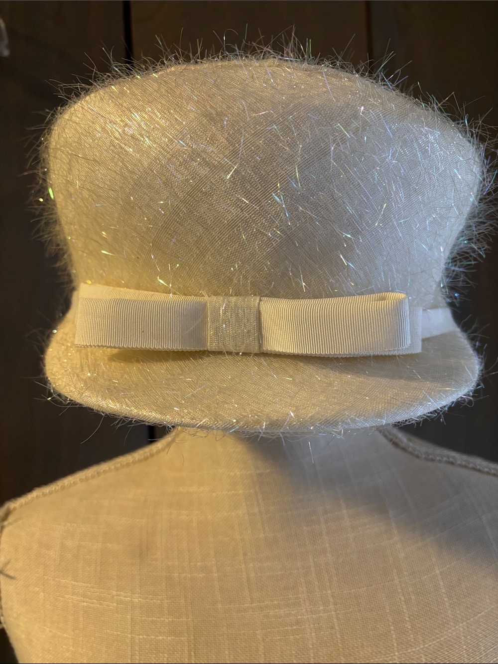 Vintage 60s Maxine Union Made Pillbox Tinsel Covered Off White Hat Iridescent